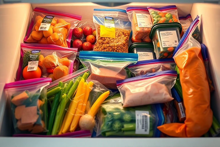 An organized freezer filled with colorful frozen fruits, vegetables, and proteins, representing a smart, low-stress kitchen strategy.