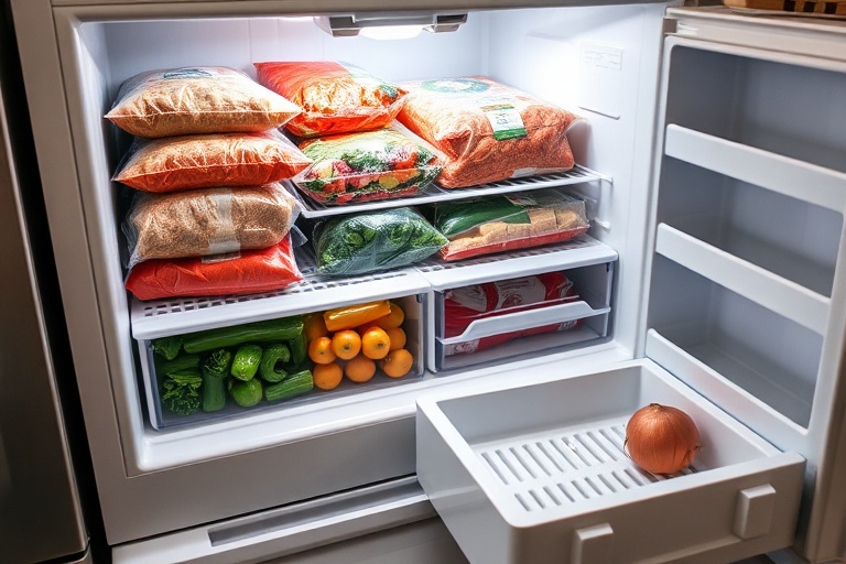 An organized, fully stocked freezer acting as a buffer against food waste, contrasted with an almost empty refrigerator drawer.