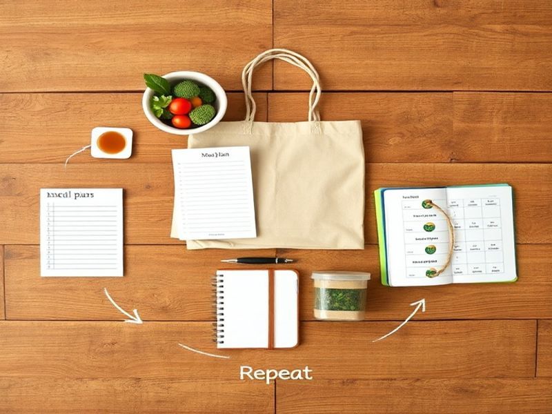 Flat lay of kitchen items arranged to visualize the inventory management process cycle.