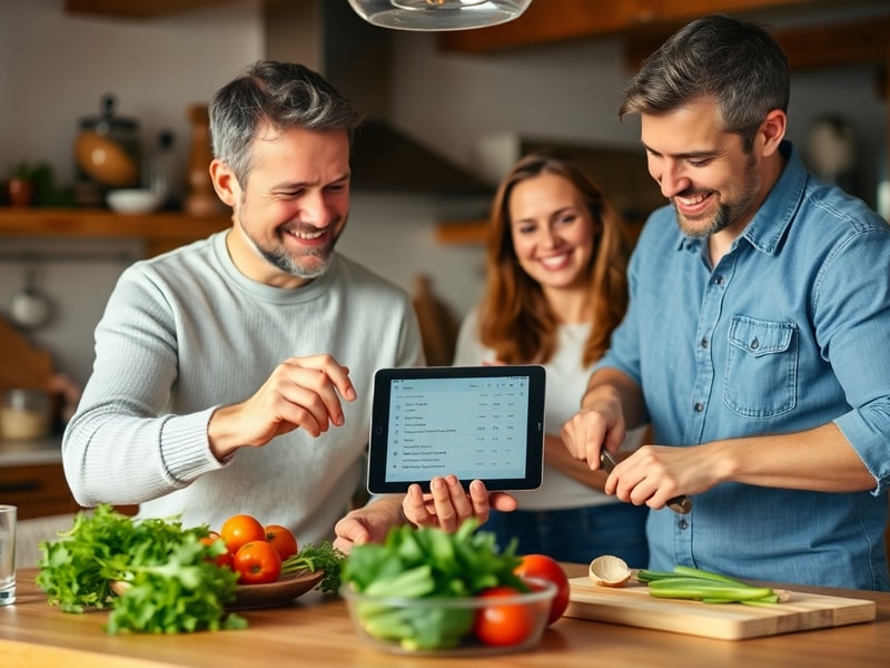 Two parents working together in the kitchen, one planning on a tablet and the other chopping vegetables