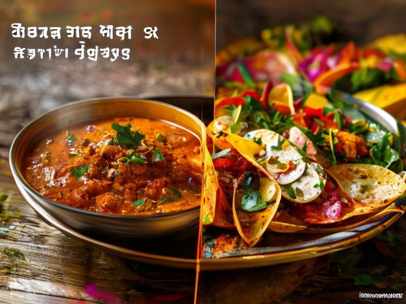 A visual comparison of two different cultural cuisines, like Indian curry and Mexican tacos, showing variety in food.