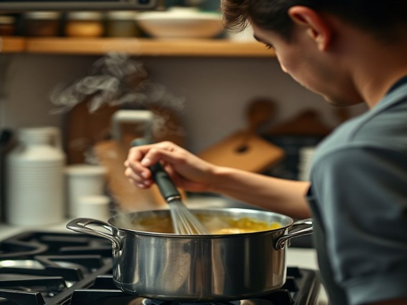 Over-the-shoulder view of a person focused on cooking, representing the flow state and mindfulness achieved in the kitchen.
