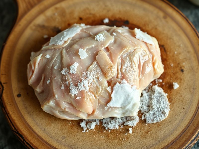 Close-up view of freezer burn on a piece of food, showing dehydration and ice crystal formation.