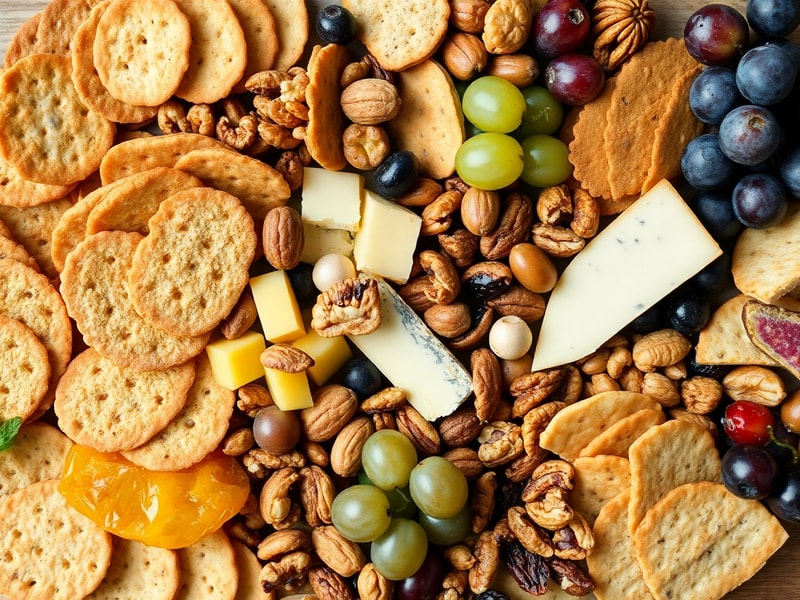 Overhead view of an abundant rustic snack board featuring a diverse mix of textures including crunchy crackers, soft cheese, juicy fruit, and crisp bread.