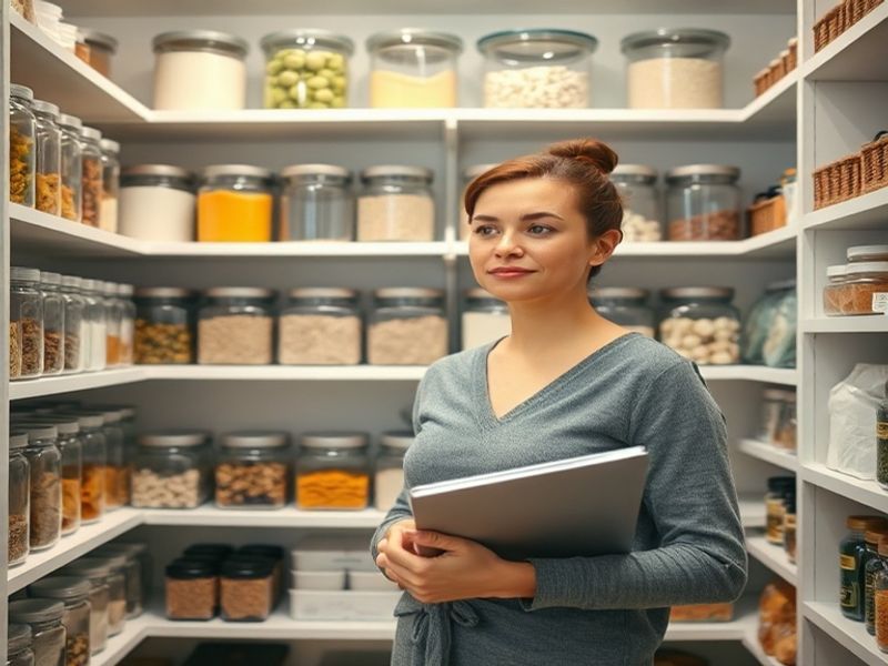 A calm person in an organized pantry, looking thoughtful, representing the mental ease of meal planning.