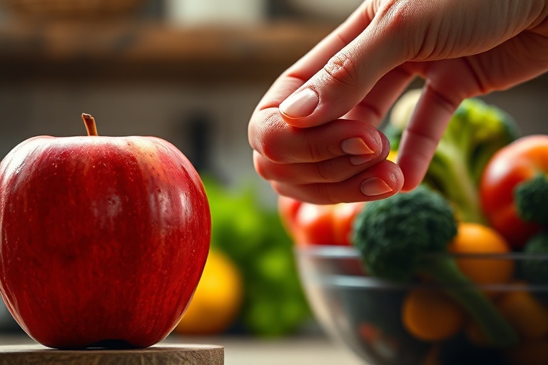A hand reaching for a tempting apple over healthier vegetables, symbolizing impulsive decision-making and present bias.