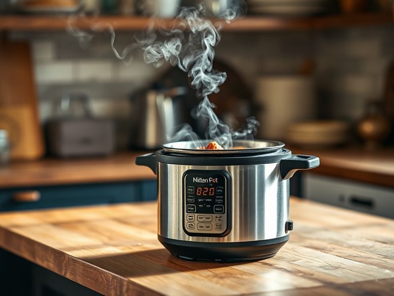 An electric pressure cooker releasing steam while cooking a meal