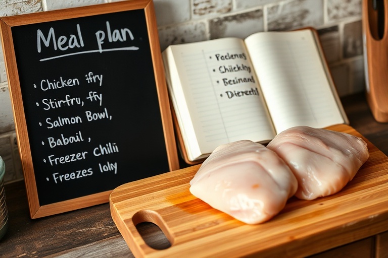 A meal plan next to inconsistent protein portions, showing the planning challenge of deceptive packaging.