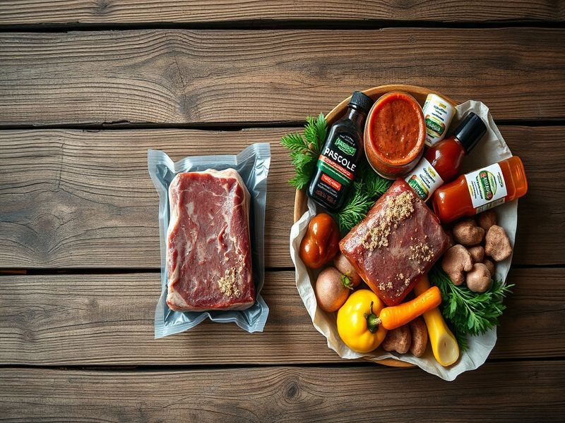 A comparison showing individual grocery items versus a marketing bundle on a wooden table.