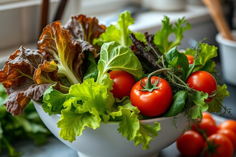 Fresh vegetables starting to wilt and spoil in a bowl, representing household food waste.