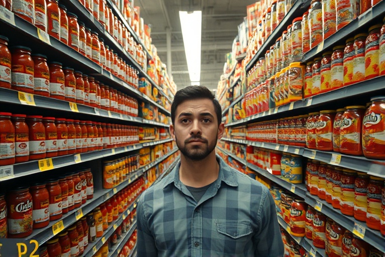 A shopper feeling overwhelmed by excessive product choices in a crowded grocery store aisle.