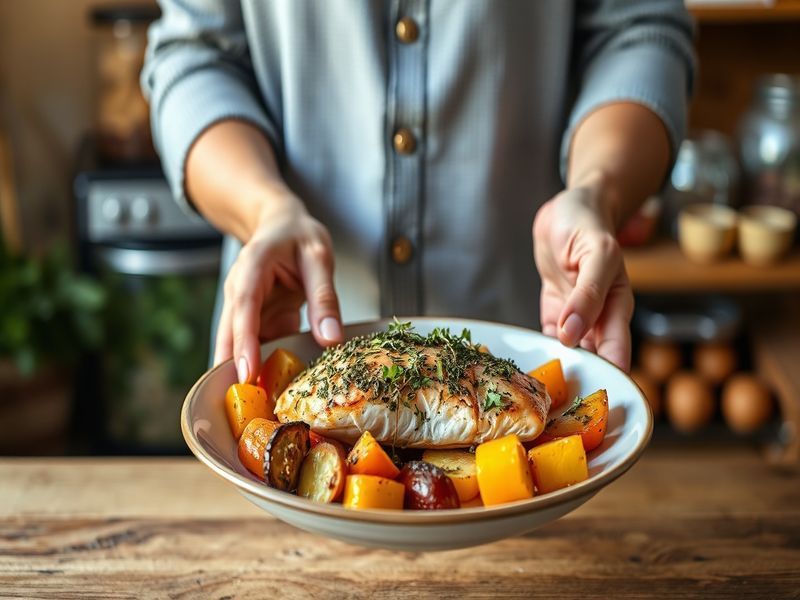 Hands plating a delicious, healthy home-cooked meal in a calm kitchen, representing the successful outcome of structured planning.