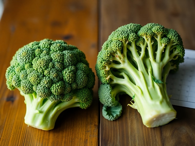 Comparison of a fresh vegetable at peak ripeness versus after several days of storage, showing nutrient degradation.