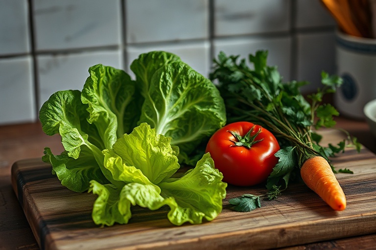 Fresh produce next to wilting vegetables on a wooden cutting board, illustrating the consequence of difficult food decisions.