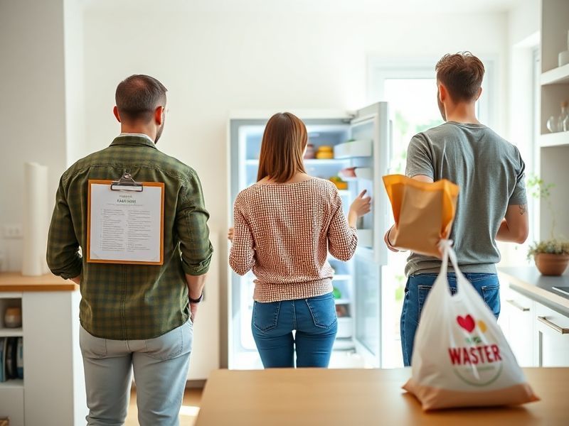 Three people in a kitchen representing different food planning behaviors: structured, flexible, and wasteful.