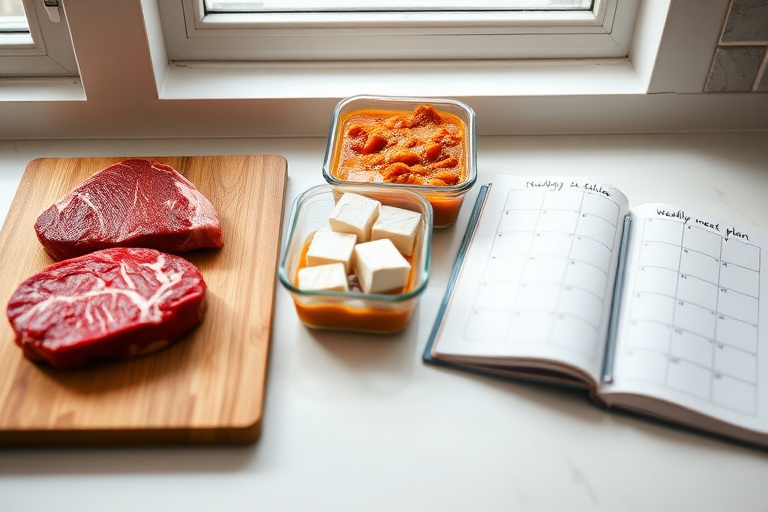 Two fresh proteins and a frozen meal prep container next to a meal plan notebook, showcasing the 2+1 strategy components.
