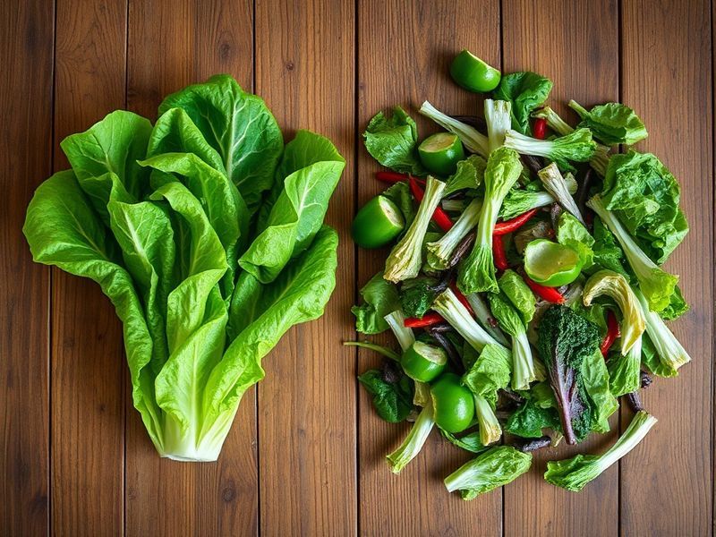 A close-up comparison of fresh lettuce versus spoiled lettuce on a wooden table, symbolizing the paradox of scarcity-driven waste.