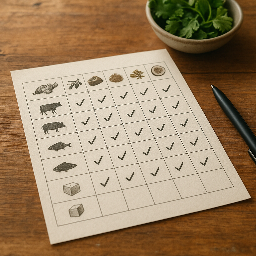 A printed grid showing the Protein Transformation Matrix with protein types and flavor profiles