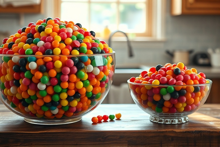 A contrast between a bowl overflowing with items and a small, curated bowl, illustrating the gap between total and estimated food decisions.