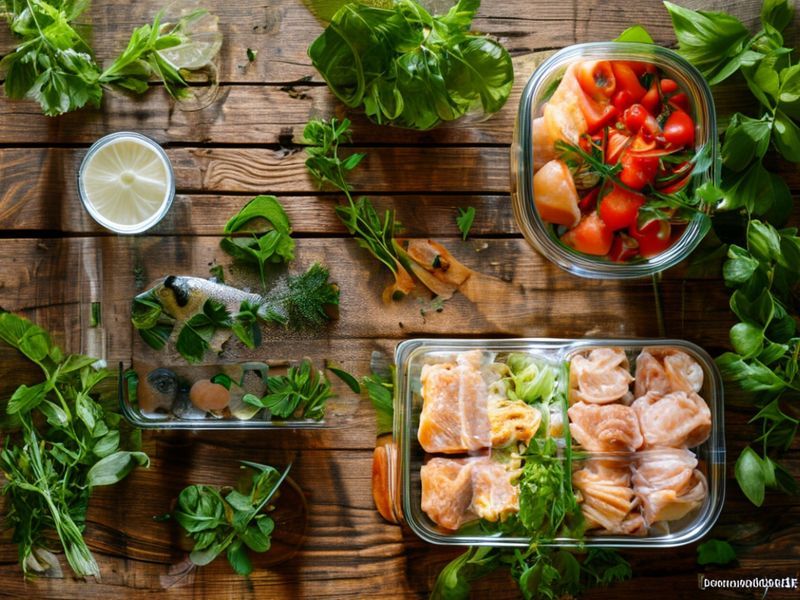 Flat lay of fresh proteins and a freezer meal arranged on a wooden table, visually explaining the MealSolved 2+1 Strategy.
