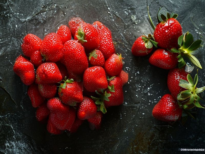 A comparison of two piles of strawberries on a slate surface, one vibrant and fresh, one slightly wilted.