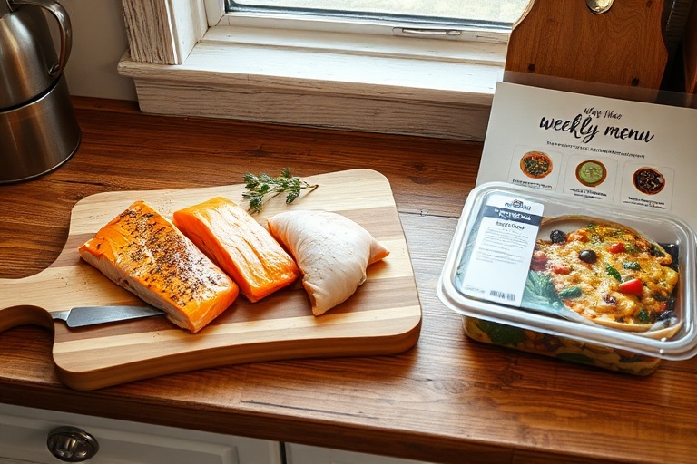 Two fresh proteins and one frozen meal arranged neatly on a cutting board, demonstrating the 2+1 meal planning strategy.