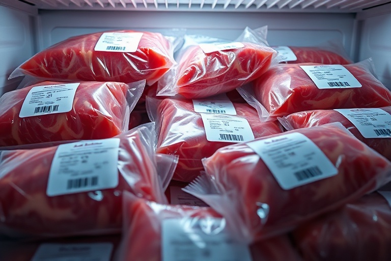 Neatly organized, high-quality frozen meat portions in a modern freezer, illustrating proper preservation.