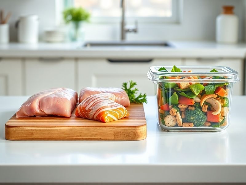 The 2+1 Strategy visualized: two fresh proteins and one prepared freezer meal organized on a kitchen counter.