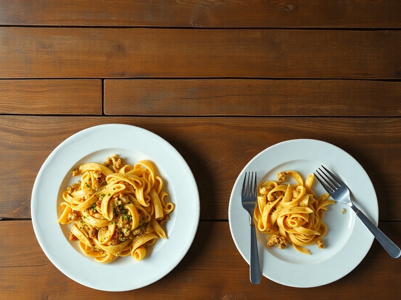 A comparison of an appealing meal on Monday versus the same meal looking less appealing by Friday, demonstrating sensory-specific satiety