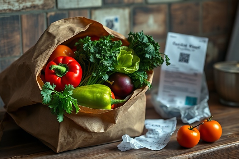 Spoiling fresh produce and a receipt symbolize the high cost of food waste from inefficient meal planning.