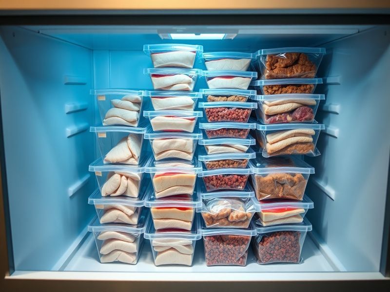 An organized freezer drawer stocked with meal-sized portions of various proteins