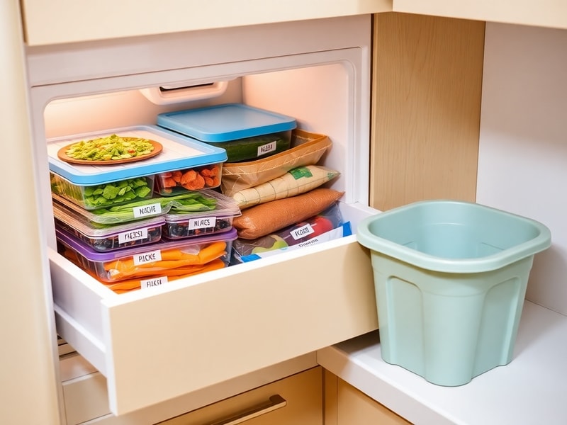 An organized, full freezer drawer next to an empty compost bin, representing reduced food waste and cost savings.