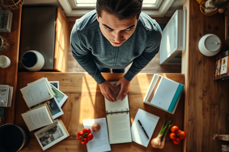 A person in a rustic kitchen contemplating meal decisions amidst recipe books and fresh ingredients.