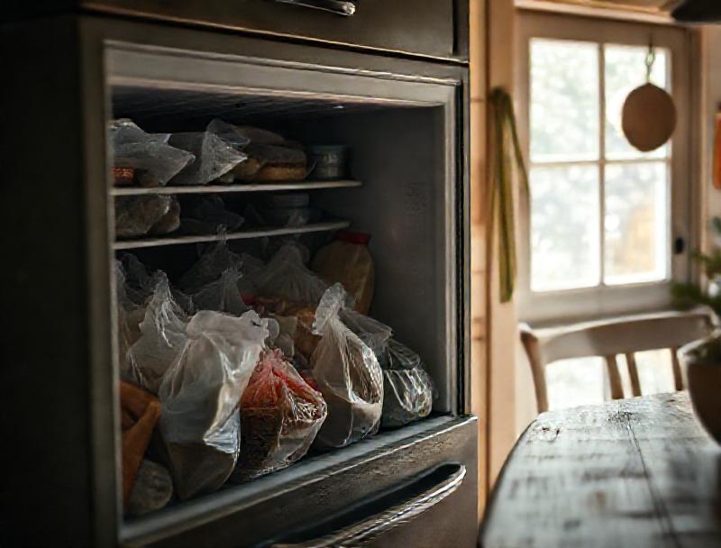 An open freezer with opaque bags and containers half-hidden by frost and shadow, illustrating freezer blindness and the cognitive black hole of invisible food.