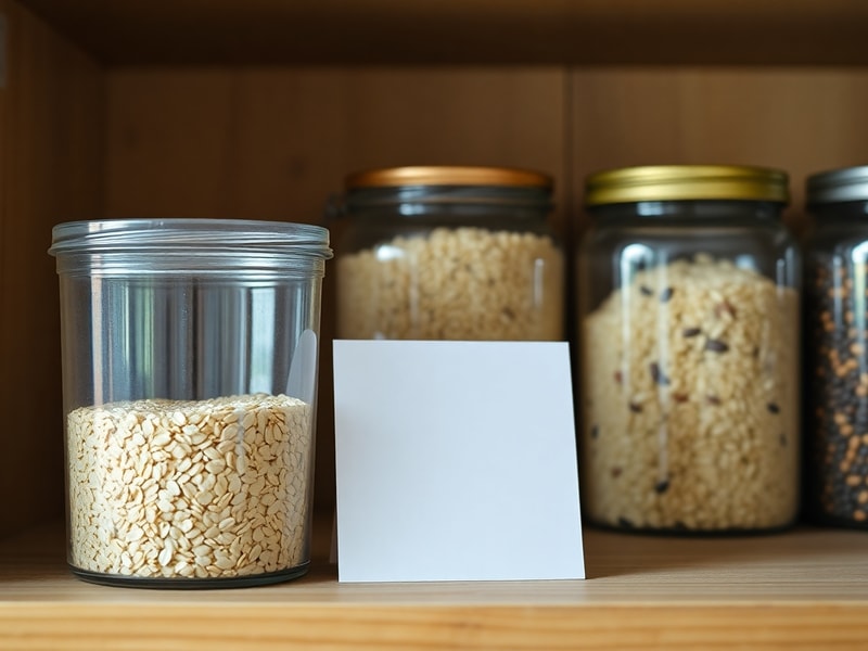 A visual Kanban system in a home pantry showing a nearly empty container with a reorder signal card.