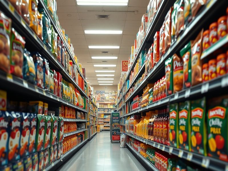 Low-angle view down a grocery store aisle illustrating strategic product placement designed to trigger impulse purchases.
