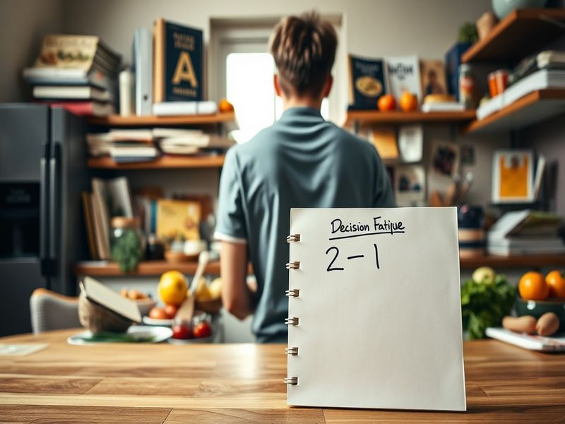A person facing a cluttered kitchen counter versus a simple meal plan notepad, visually representing the concept of decision fatigue and its solution.