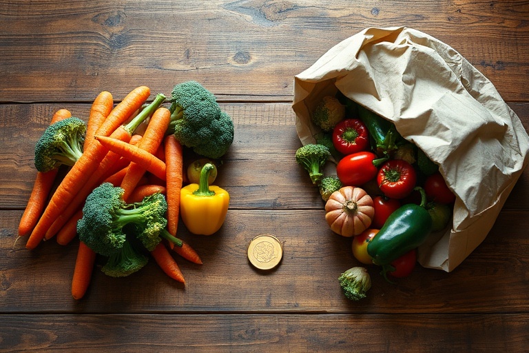Fresh versus wasted vegetables on a rustic table symbolizing the cost of food waste