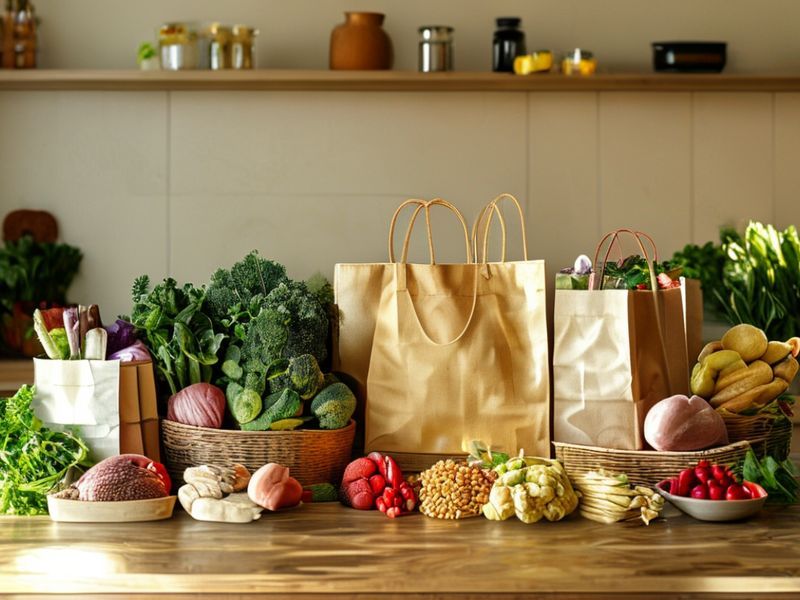 Neatly arranged groceries, including fresh vegetables, fruits, and proteins, in reusable bags on a counter.