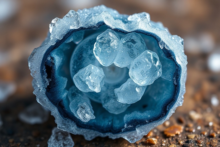 Macro view of ice crystals inside a frozen piece of food, showing cell wall damage from temperature fluctuations.