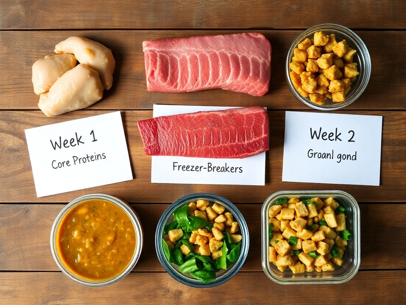 Fresh chicken, salmon, and beef next to prepped lentil soup and stir-fry, showing a weekly 2+1 meal plan example