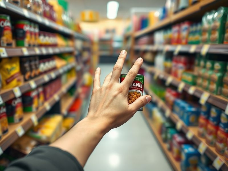 A person hesitating to choose an extra can of beans in a grocery store aisle, illustrating pantry anxiety.