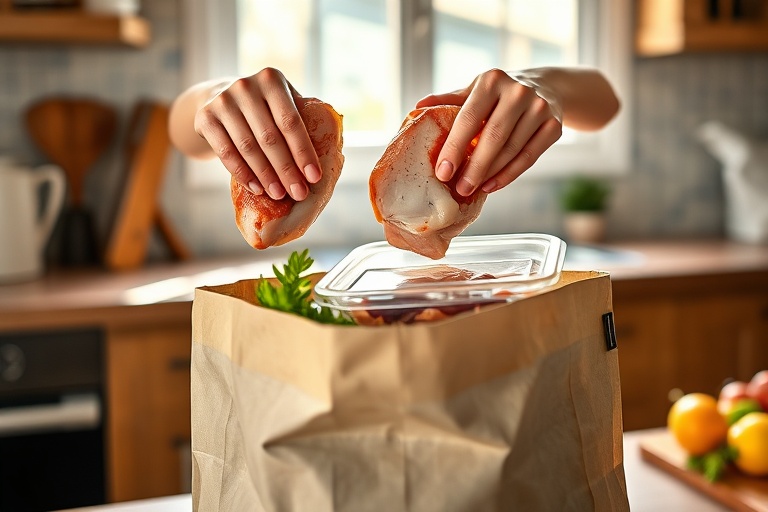 Confident hands loading a grocery bag with precise protein portions and a freezer meal, showcasing control over meal planning.