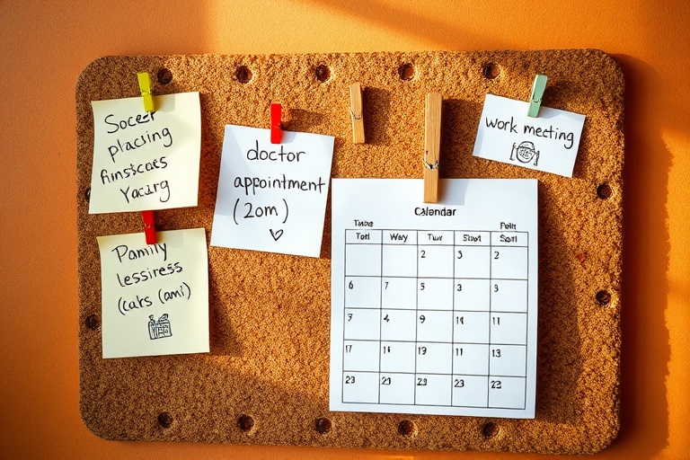 A rustic corkboard with overlapping family schedules and calendar, representing desynchronized family life.
