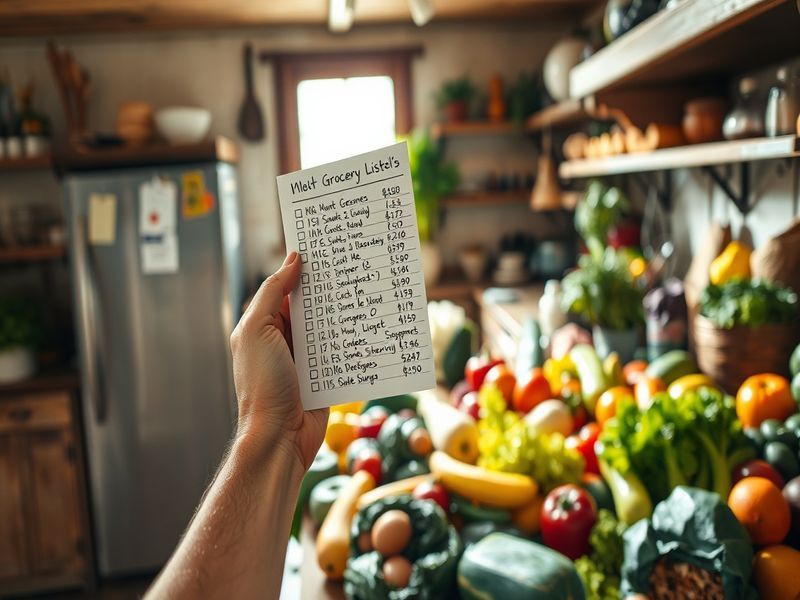 Overwhelming kitchen scene with too much fresh produce and a scribbled list, illustrating decision fatigue and potential waste.