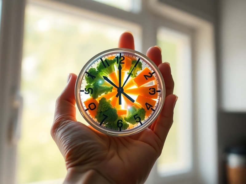 Conceptual image representing circadian rhythms through a vegetable-gear clock, symbolizing chrononutrition.