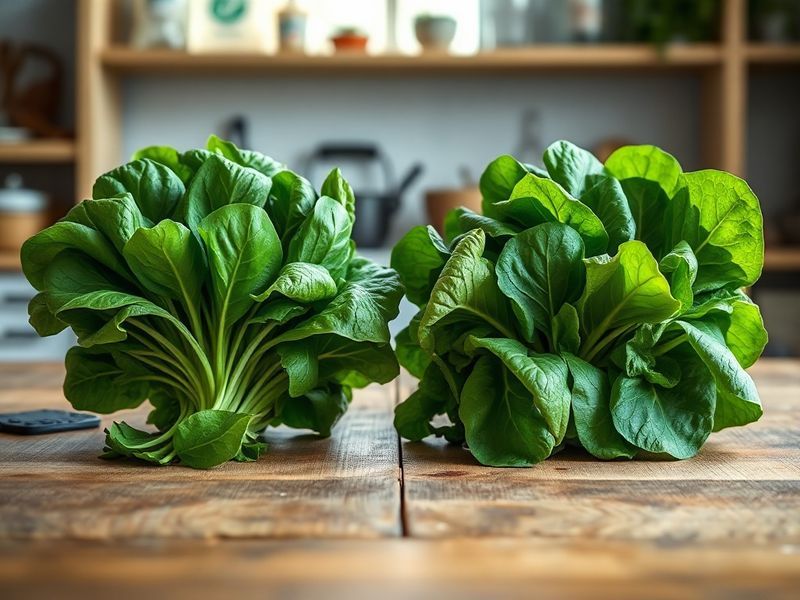 Comparison of fresh, vibrant spinach versus degraded, wilted spinach on a wooden table.