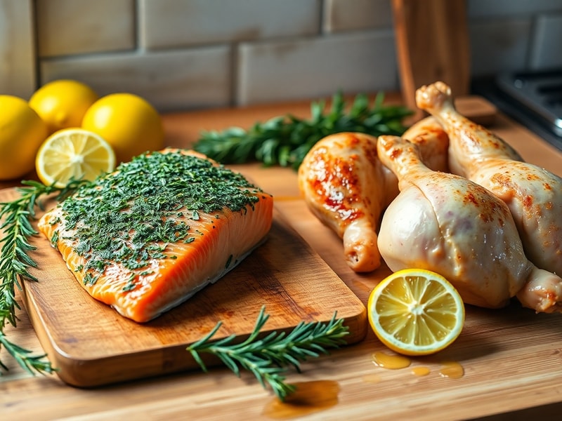 Two fresh core proteins for weekly meals: herb-crusted salmon and bone-in chicken thighs with fresh herbs.