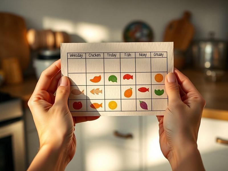Weekly meal planning card with visual protein rotation system reducing decision fatigue