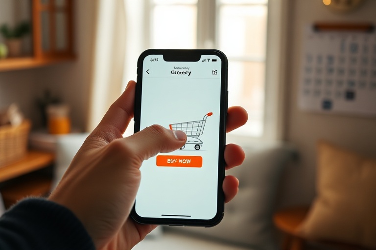 A smartphone showing a full online grocery cart with a finger about to confirm a rapid delivery order, depicting the delivery dilemma.